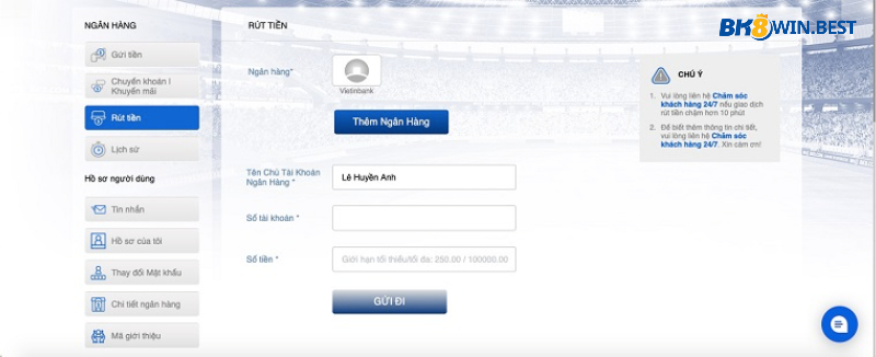 Vào giao diện nhà cái, nhấn chọn rút tiền